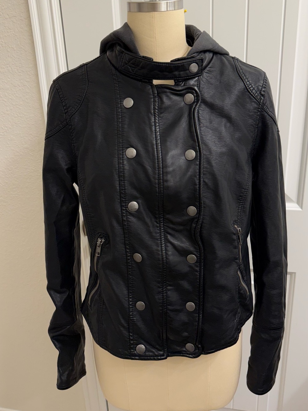 We The Free People Black Faux Leather Moto Jacket with Hooded Liner - Picture 3 of 12